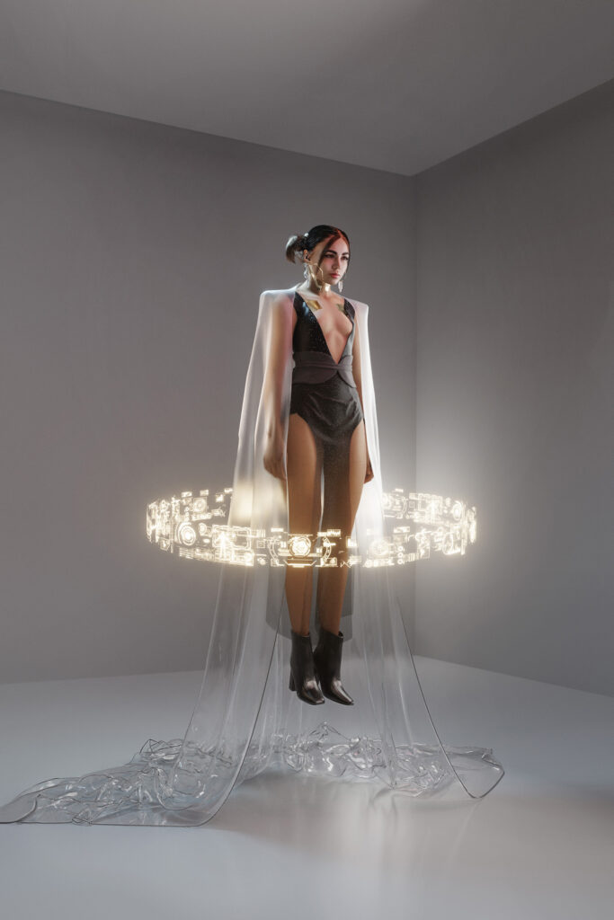 Darian Rojas in a futuristic dress floats avobe the ground in a minimalist room surrounded by a glowing circular holographic interface.